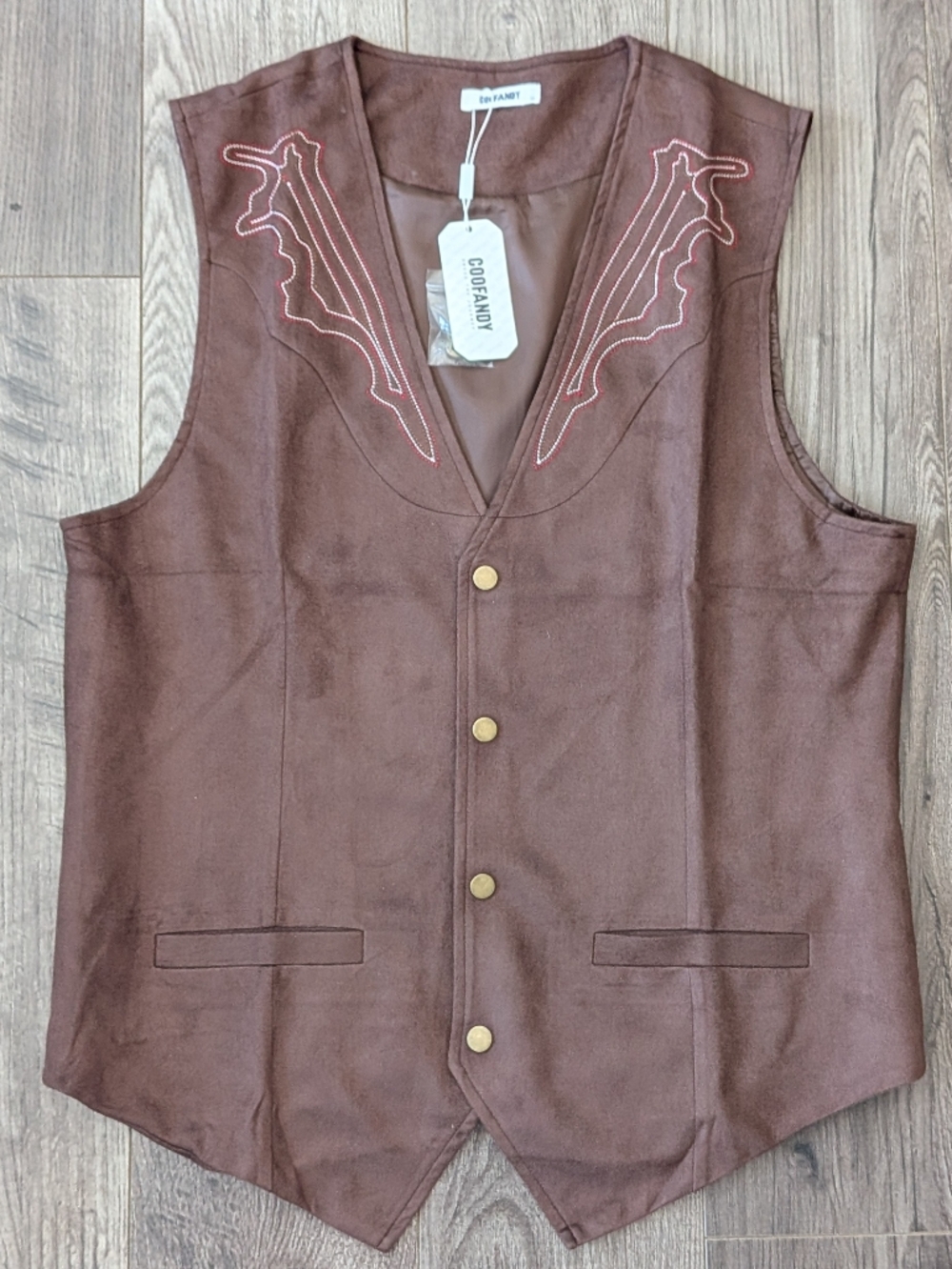 Coofandy NWT Men's Suede Look Western Vest Brown Embroidered